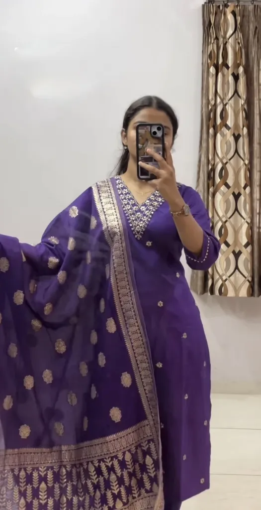 Royal Purple Zari Embroidered Kurta Set with Dupatta