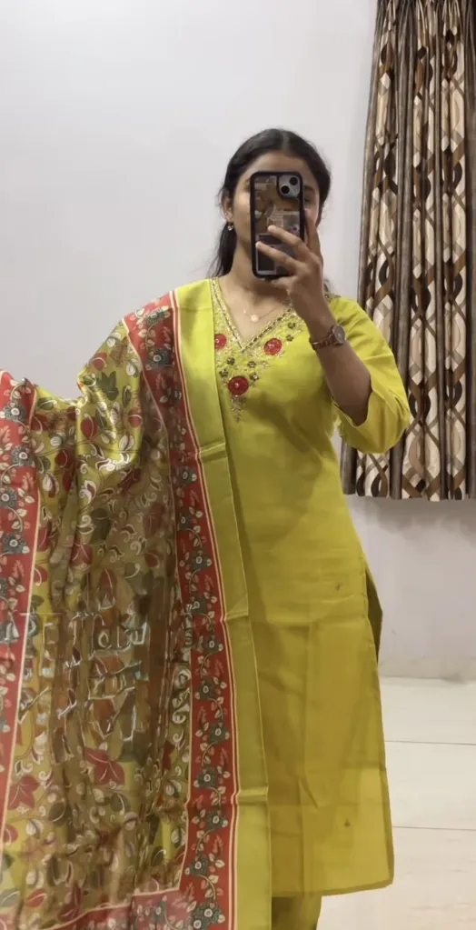 Lime Green Embroidered Kurta Set with Printed Dupatta