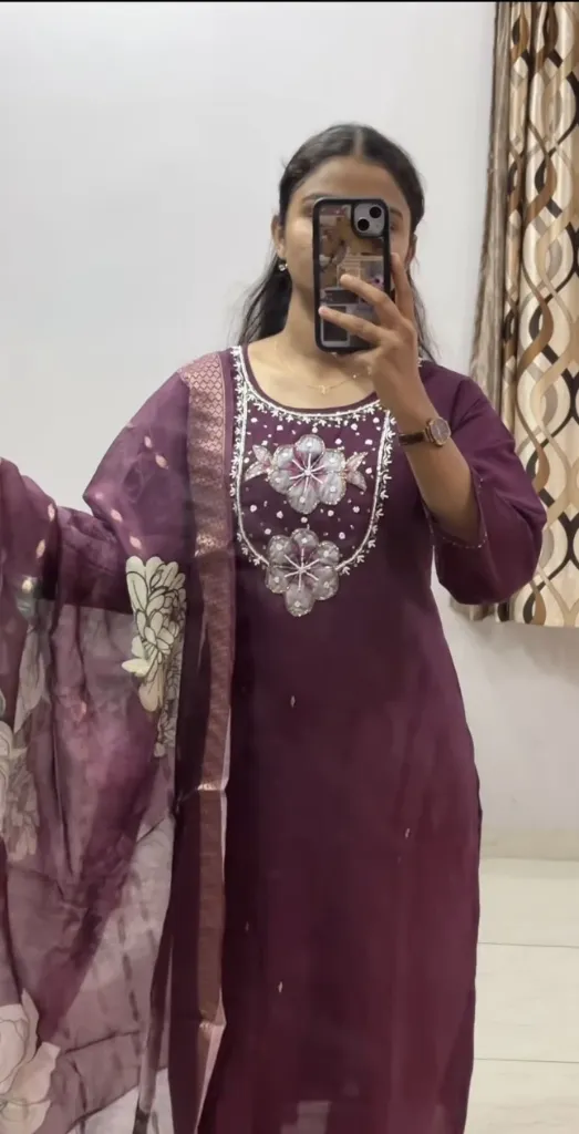 Wine Purple Embroidered Kurta Set with Printed Dupatta